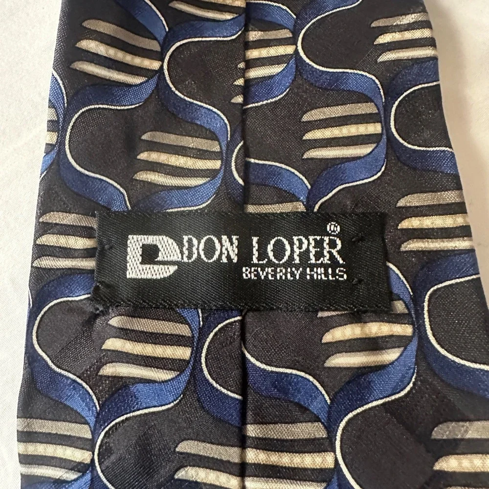 Vtg Don‎ Loper Beverly Hills Mens Silk Tie Black Blue Gold Geometric Abstract OS